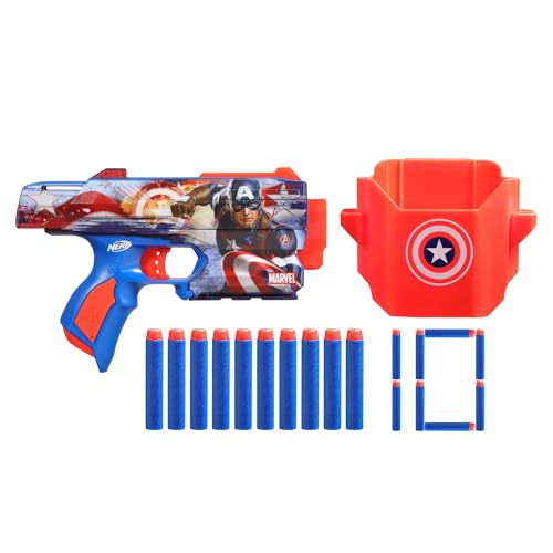 Nerf Marvel Captain America Dart Blaster, 10 Elite Darts, Holster, Toy Foam Blasters for 8 Year Old Boys & Girls & Up