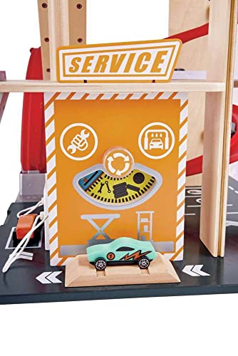 Garage Kids Wooden Toy, Hape Gearhead Stunt  Car Parking Garage Playset w/ Elevator and 2 Exit Tracks, Detachable Loop