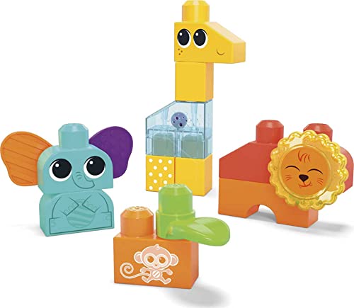 Mega BLOKS Sensory Toys for Toddlers, Rock n Rattle Safari with Building Blocks Elephant, Giraffe and Lion, Endorsed by Fisher-Price