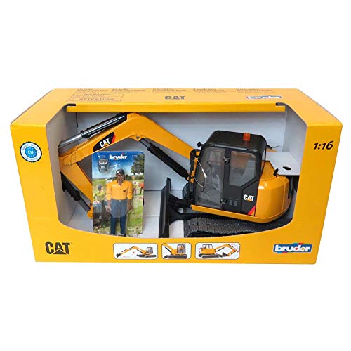 Bruder CAT Mini Excavator Construction Digger Toy with Worker, 1:16 Scale, Realistic Working Parts