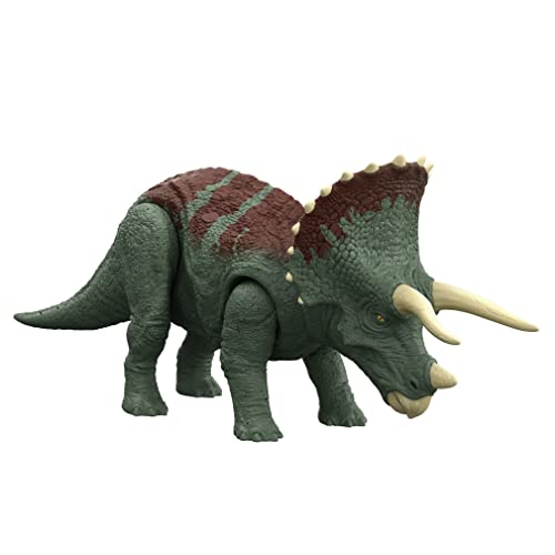 Mattel Jurassic World Dominion Roar Strikers Triceratops Dinosaur Action Figure with Roaring Sound and Attack Action, Toy Gift Physical & Digital Play