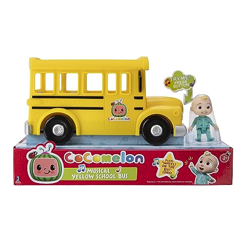 Cocomelon Official Musical Yellow School Bus, Plays Clips from ‘Wheels on The Bus,’ Featuring Removable JJ Figure – Character Toys for Babies, Toddlers, and Kids