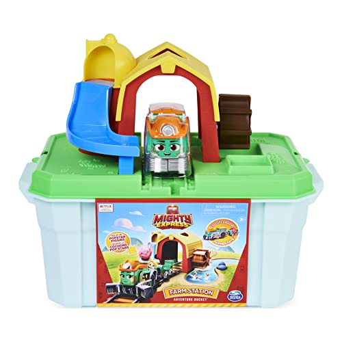 Mighty Express, Farm Station Adventure Bucket and 11-Piece Train Track Set with Exclusive Farmer Faye Toy Train