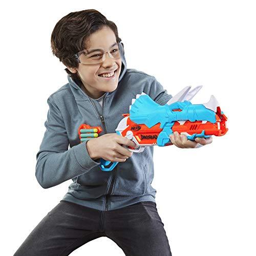 NERF DinoSquad Tricera-Blast Dart Blaster, Break-Open 3-Dart Loading, 12 Official Darts - sctoyswholesale