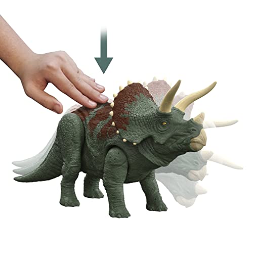 Mattel Jurassic World Dominion Roar Strikers Triceratops Dinosaur Action Figure with Roaring Sound and Attack Action, Toy Gift Physical & Digital Play