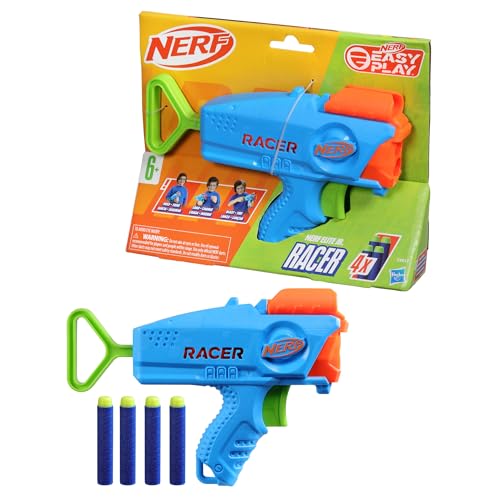 NERF Elite Junior Racer Easy Play Dart Blaster, 4 Nerf Elite Darts, Nerf Blaster Outdoor Toys for 6 Year Old Boys & Girls & Up