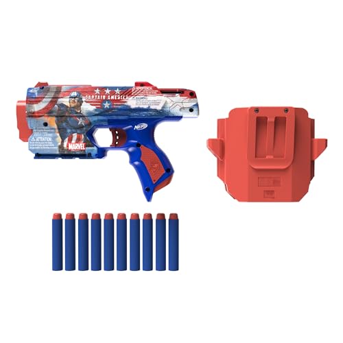 Nerf Marvel Captain America Dart Blaster, 10 Elite Darts, Holster, Toy Foam Blasters for 8 Year Old Boys & Girls & Up