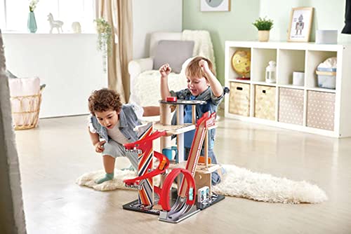 Garage Kids Wooden Toy, Hape Gearhead Stunt  Car Parking Garage Playset w/ Elevator and 2 Exit Tracks, Detachable Loop