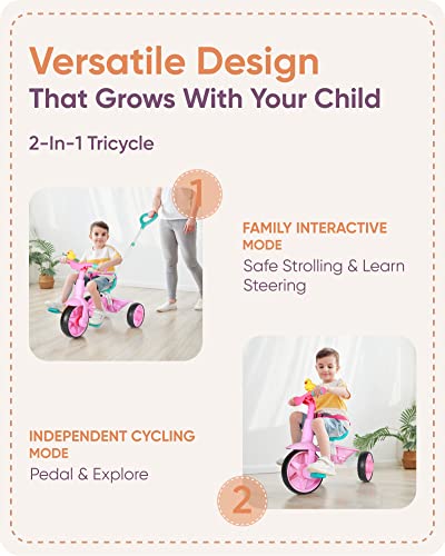 KRIDDO 2 in 1 Kids Tricycles Age 18 Month to 3 Years, EVA Wheels Upgraded, Gift, Trikes for Toddlers 2 to 3 Year Old with Push Handle and Duck Bell, Pink