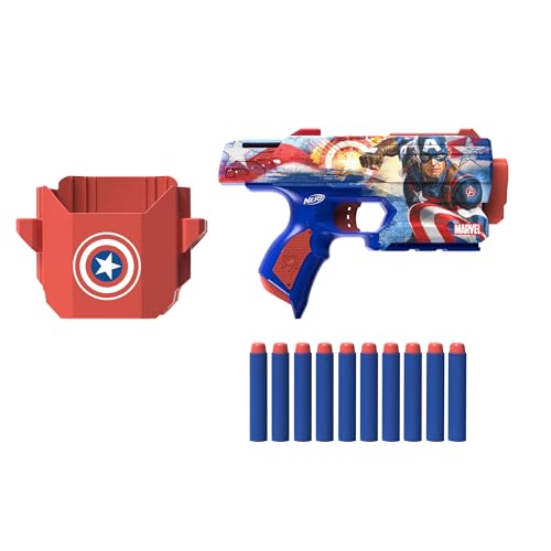 Nerf Marvel Captain America Dart Blaster, 10 Elite Darts, Holster, Toy Foam Blasters for 8 Year Old Boys & Girls & Up