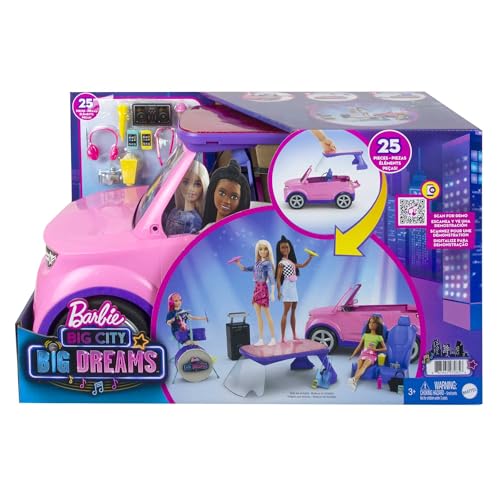 Barbie: Big City, Big Dreams Transforming Vehicle Playset, Pink 2-Seater SUV Reveals Stage, Drum Set & Concert-Themed Accessories, Gift for 3 to 7 Year Olds