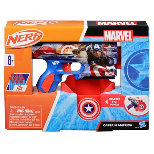 Nerf Marvel Captain America Dart Blaster, 10 Elite Darts, Holster, Toy Foam Blasters for 8 Year Old Boys & Girls & Up