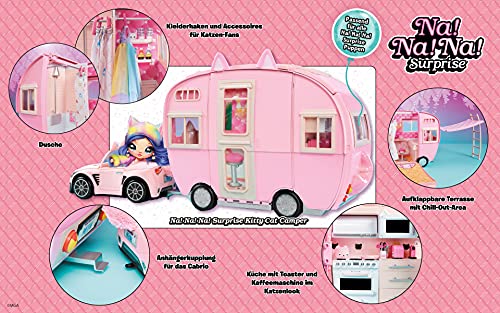 Na Na Na Surprise Kitty-Cat Camper Playset, Pink Toy Car Vehicle for Fashion Dolls with Cat Ears & Tail, Opens to 3 Feet Wide for 360 Play, 7 Areas, Accessories