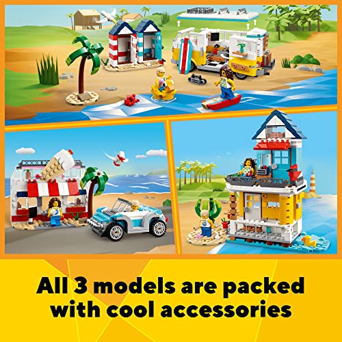 LEGO Creator 3 in 1 Beach Camper Van to Summerhouse to Ice-Cream Shop 31138 Model Building Set, Summer Holiday Surfer Toys, Gift for Kids