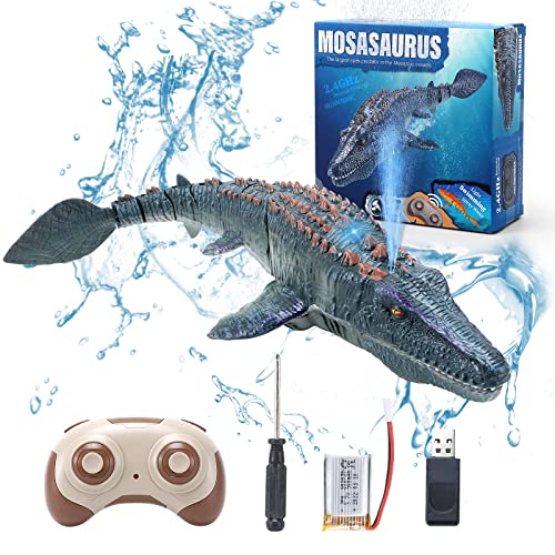 Remote Control Dinosaur Toys for Kids, Mosasaurus Diving Toys RC Boat with Light and Spray Water for Swimming Pool Lake Bathroom Ocean Protector Bath Toys