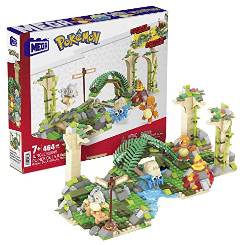 MEGA Pokémon Action Figure Building Toy, Jungle Ruins with 464 Pieces, Motion and 3 Characters, Cubone Charmander Omanyte, Gift Idea for Kids