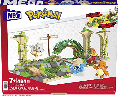 MEGA Pokémon Action Figure Building Toy, Jungle Ruins with 464 Pieces, Motion and 3 Characters, Cubone Charmander Omanyte, Gift Idea for Kids