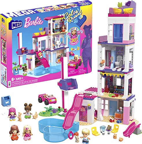 Mega Barbie Color Reveal Building Toys Dreamhouse with 30+ Surprises, 5 Micro Dolls and 6 Pets