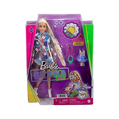 Barbie Extra Doll #12 in Floral 2-Piece Fashion & Accessories, with Pet Bunny, Extra-Long Blonde Hair with Heart Icons & Flexible Joints - sctoyswholesale