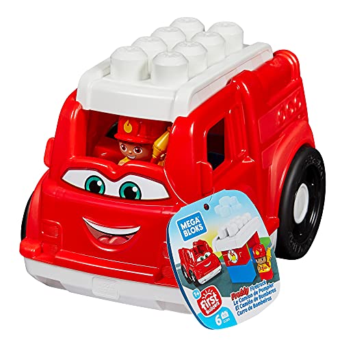 Polly Pocket Fisher-Price Toddler Building Blocks, Freddy Fire Truck With 6 Pieces And Storage, 1 Figure, Red, Toy Car