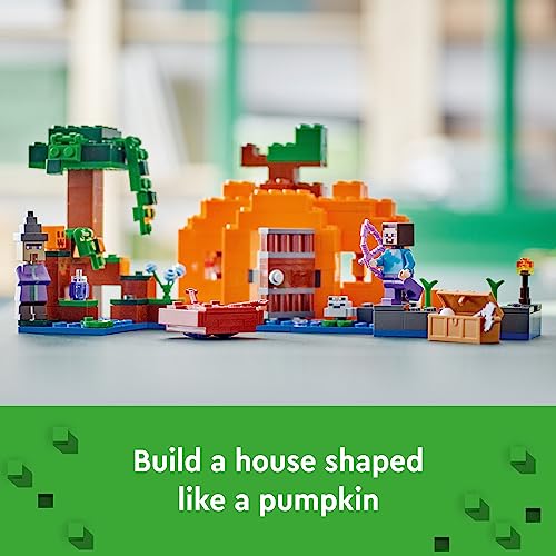 LEGO Minecraft The Pumpkin Farm 21248 Building Toy, Hands-on Action in The Swamp Biome Featuring Steve, a Witch, Frog, Boat, Treasure Chest and Pumpkin Patch, Minecraft Toy for Boys and Girls Aged 8+