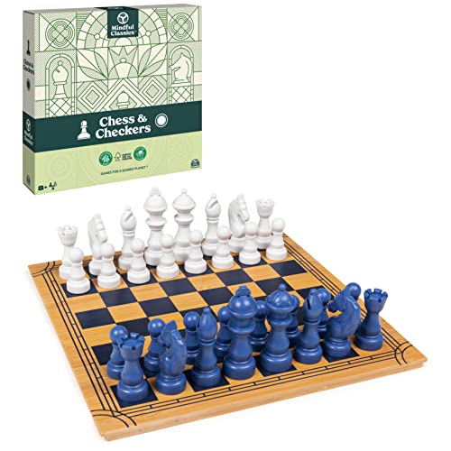 SPIN MASTER GAMES Mindful Classics, Chess Checkers Board Game Set with Bamboo Wooden Box Family Board Games Eco-Friendly Gift, for Adults and Kids Ages 8 and Up