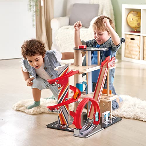 Garage Kids Wooden Toy, Hape Gearhead Stunt  Car Parking Garage Playset w/ Elevator and 2 Exit Tracks, Detachable Loop