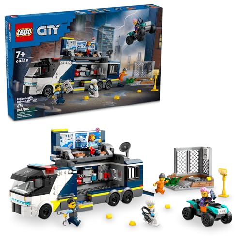 LEGO City Police Mobile Crime Lab Truck Toy, Pretend Play Police Toy, includes Quad Bike, 2 Officers, 1 Scientist and 2 Crook Minifigures, Police Truck Toy for Kids Ages 7 Plus, 60418