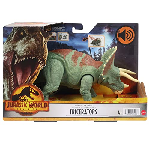 Mattel Jurassic World Dominion Roar Strikers Triceratops Dinosaur Action Figure with Roaring Sound and Attack Action, Toy Gift Physical & Digital Play