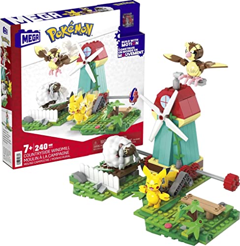 MEGA Pokémon Action Figure Building Toy Set, Countryside Windmill With 240 Pieces, Motion And 3 Poseable Characters, Gift Idea For Kids