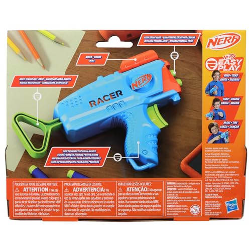 NERF Elite Junior Racer Easy Play Dart Blaster, 4 Nerf Elite Darts, Nerf Blaster Outdoor Toys for 6 Year Old Boys & Girls & Up