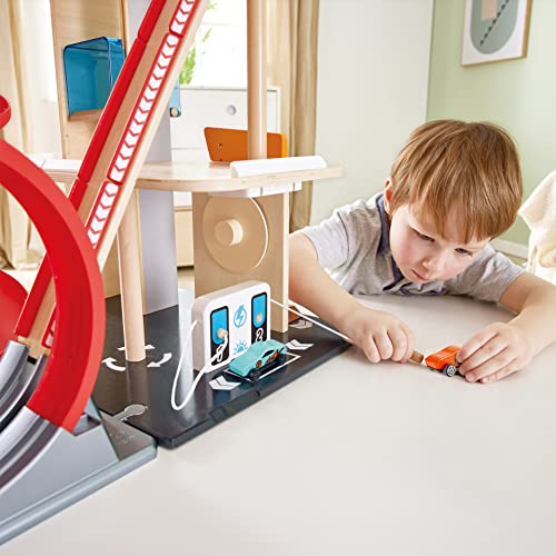 Garage Kids Wooden Toy, Hape Gearhead Stunt  Car Parking Garage Playset w/ Elevator and 2 Exit Tracks, Detachable Loop