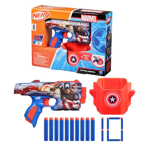 Nerf Marvel Captain America Dart Blaster, 10 Elite Darts, Holster, Toy Foam Blasters for 8 Year Old Boys & Girls & Up