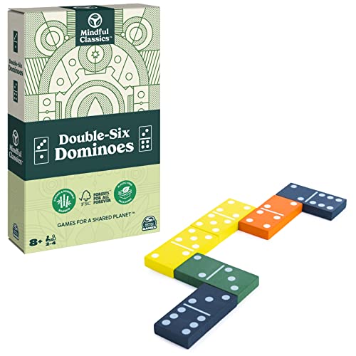 SPIN MASTER GAMES Mindful Classics, Double-Six Wood Dominoes Set Sustainable Classic Games with Wood Storage Case, for Adults and Kids Ages 8 and up