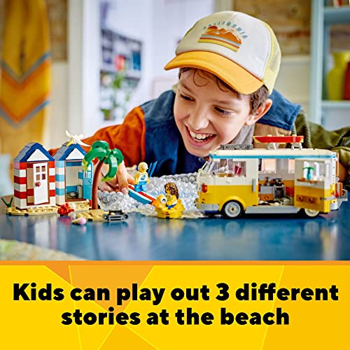 LEGO Creator 3 in 1 Beach Camper Van to Summerhouse to Ice-Cream Shop 31138 Model Building Set, Summer Holiday Surfer Toys, Gift for Kids