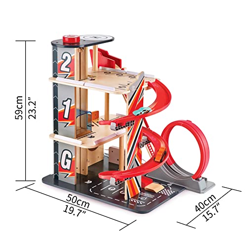 Garage Kids Wooden Toy, Hape Gearhead Stunt  Car Parking Garage Playset w/ Elevator and 2 Exit Tracks, Detachable Loop