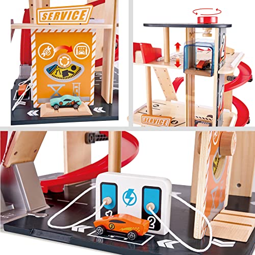 Garage Kids Wooden Toy, Hape Gearhead Stunt  Car Parking Garage Playset w/ Elevator and 2 Exit Tracks, Detachable Loop