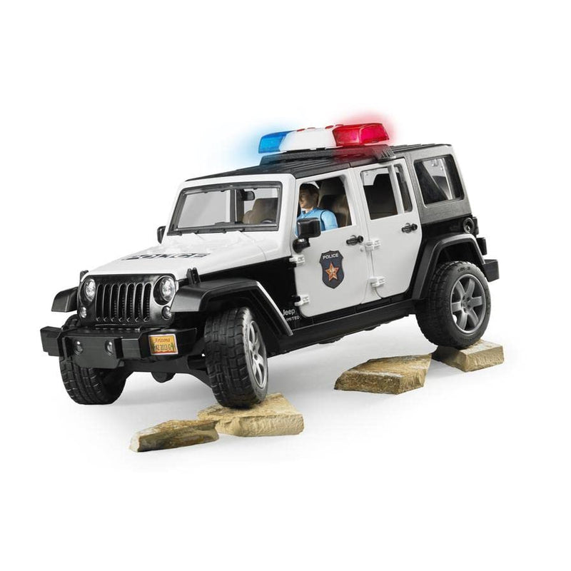 Bruder Toys - Emergency Realistic Jeep Wrangler Unlimited Rubicon Police Vehicle with Light Skintoned Policeman and Light and Sound Module with 4 Different Sounds