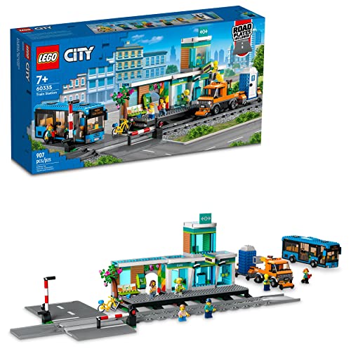 LEGO City Train Station Set with Toy Bus for Kids, Rail Truck, Tracks and Road Plate Level Crossing, Compatible with City Sets