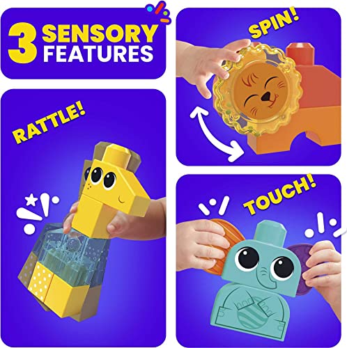 Mega BLOKS Sensory Toys for Toddlers, Rock n Rattle Safari with Building Blocks Elephant, Giraffe and Lion, Endorsed by Fisher-Price