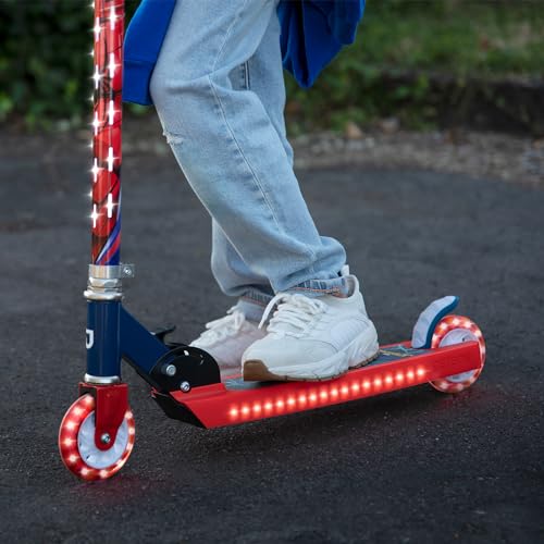 Jetson Marvel Spider-Man 2-Wheel Light-Up Kids Kick Scooter, LED Lights on Handlebar, Stem, Wheels & Deck, Adjustable Handlebar, Rear Brake, Lightweight, Easy-Fold Mechanism, Ages 5+, JSPMN-2KIK