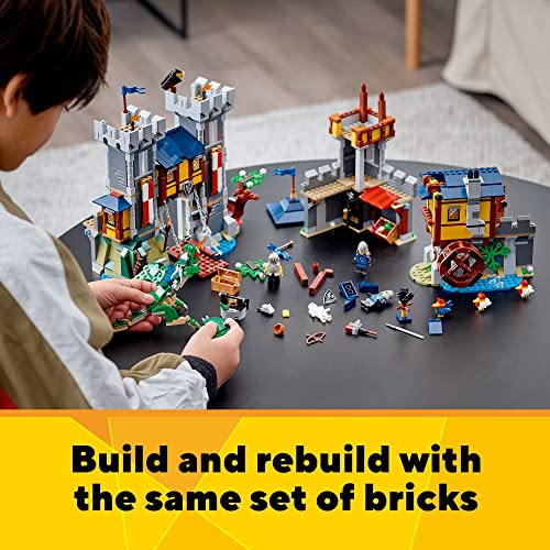 LEGO Creator 3 in 1 Medieval Castle Toy, Transforms from Castle to Tower to Marketplace, Includes Skeleton and Dragon Figure, with 3 Minifigures and Catapult, 31120