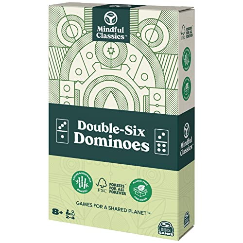 SPIN MASTER GAMES Mindful Classics, Double-Six Wood Dominoes Set Sustainable Classic Games with Wood Storage Case, for Adults and Kids Ages 8 and up