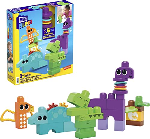 Mega BLOKS Sensory Toys for Toddlers, Squeak 'n Chomp Dinos with Building Blocks T-Rex, Brontosaurus, Pterodactyl and Stegosaurus