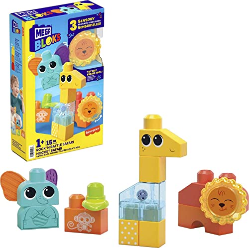 Mega BLOKS Sensory Toys for Toddlers, Rock n Rattle Safari with Building Blocks Elephant, Giraffe and Lion, Endorsed by Fisher-Price