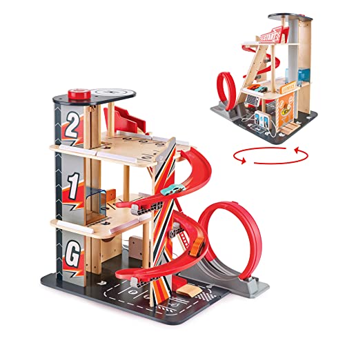 Garage Kids Wooden Toy, Hape Gearhead Stunt  Car Parking Garage Playset w/ Elevator and 2 Exit Tracks, Detachable Loop