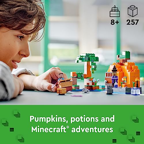 LEGO Minecraft The Pumpkin Farm 21248 Building Toy, Hands-on Action in The Swamp Biome Featuring Steve, a Witch, Frog, Boat, Treasure Chest and Pumpkin Patch, Minecraft Toy for Boys and Girls Aged 8+