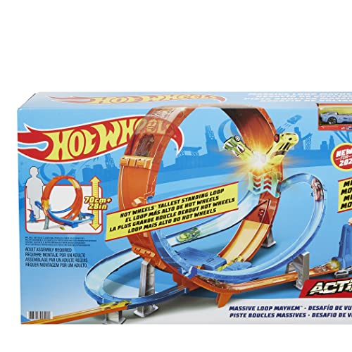 Hot Wheels Massive Loop Mayhem Track Set with Huge 28-Inch Wide Track Loop Slam Launcher, Battery Box & 1 Hot Wheels 1:64 Scale Car, Designed for Multi-Car Play, Gift for Kids 5 Years & Up