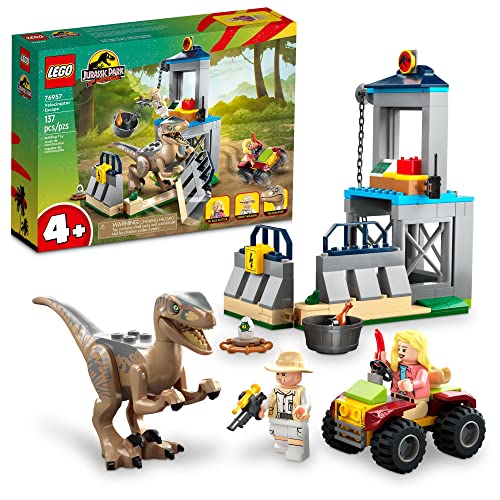 LEGO Jurassic Park Velociraptor Escape 76957 Learn to Build Dinosaur Gift for Kids Aged 4 and Up Featuring a Buildable Dinosaur Pen, Off-Roader Vehicle and 2 Minifigures