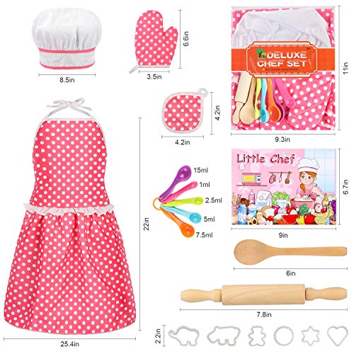 Kids Cooking Baking Set 17Pcs, Kids Chef Role Play Costume Set - Chef Hat and Matching Pink Apron Children Dress up